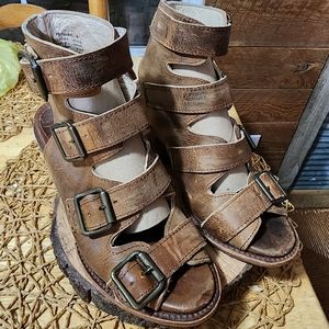 Freebird Shoes with 4 buckels and a block heel, opened toe.